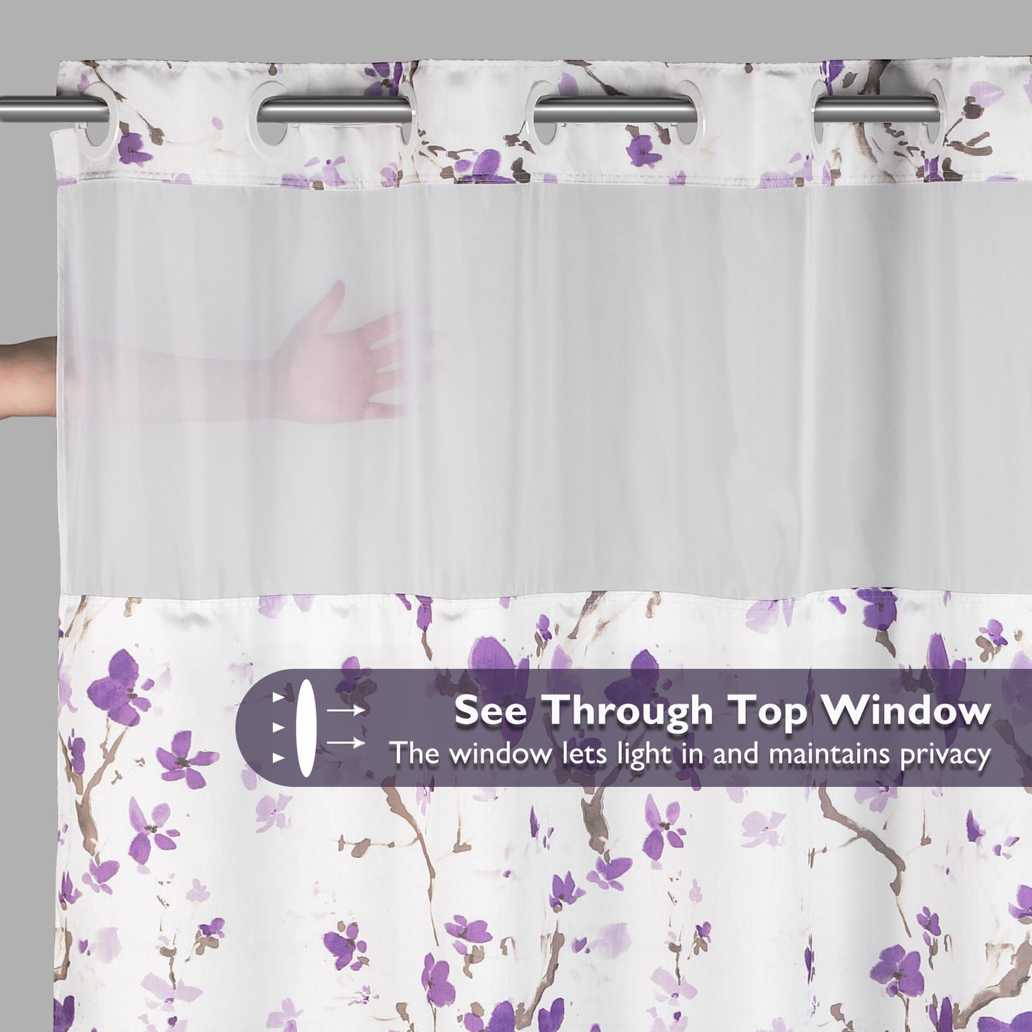 Lagute SnapHook Hook Free Shower Curtain with Snap-in Liner, 71Wx74L, Purple Blossom