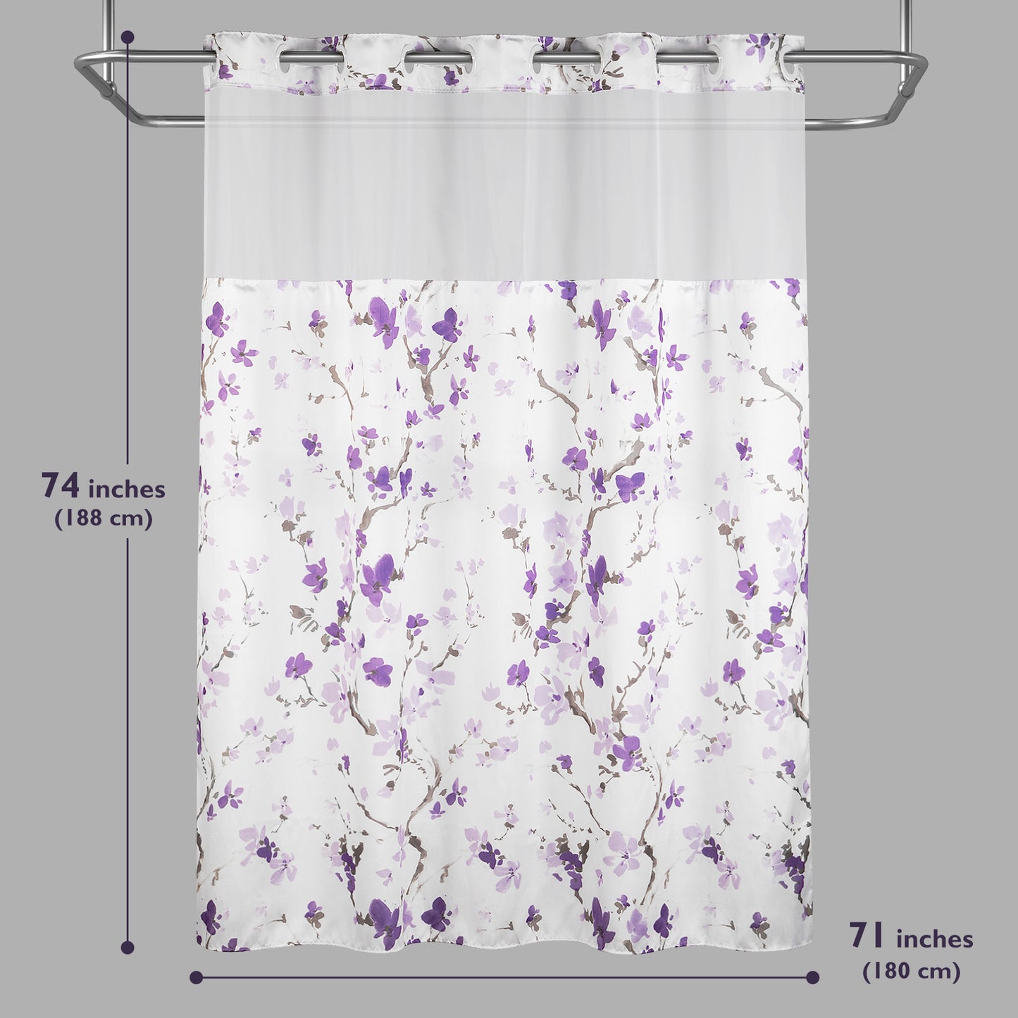 Lagute SnapHook Hook Free Shower Curtain with Snap-in Liner, 71Wx74L, Purple Blossom