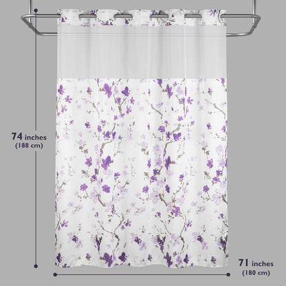 Lagute SnapHook Hook Free Shower Curtain with Snap-in Liner, 71Wx74L, Purple Blossom