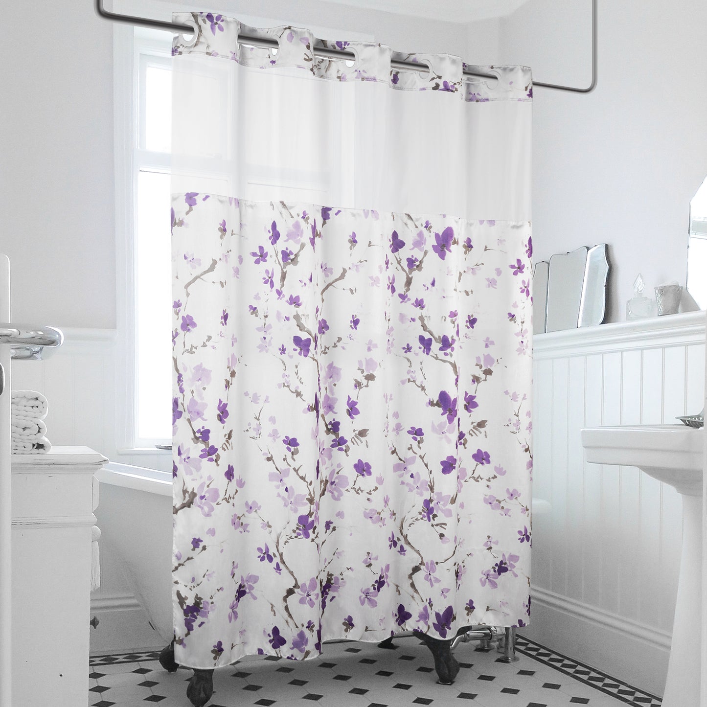 Lagute SnapHook Hook Free Shower Curtain with Snap-in Liner, 71Wx74L, Purple Blossom