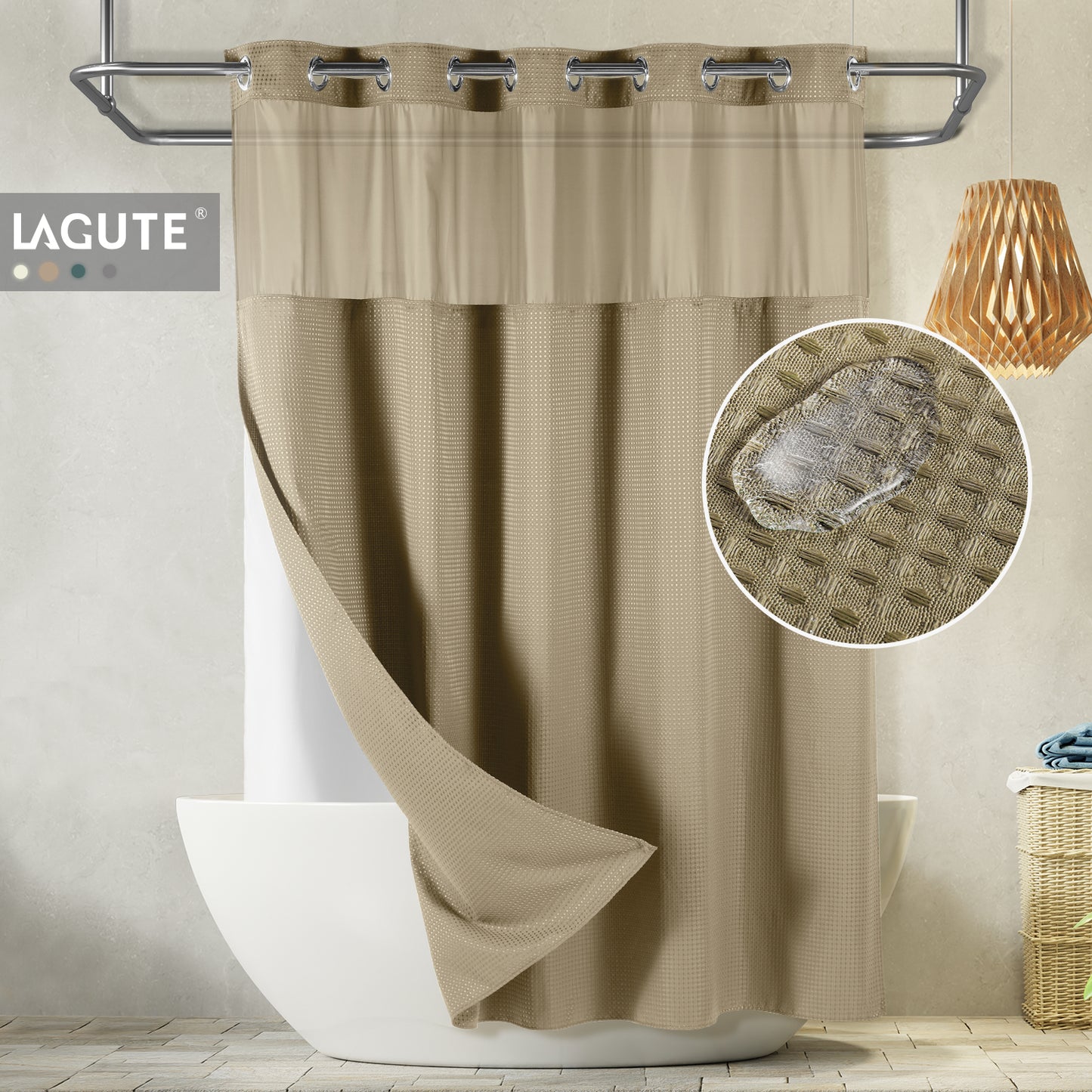 SnapHook Waffle Weave Fabric Shower Curtain with Snap-in Liner | 71WX78L, Beige
