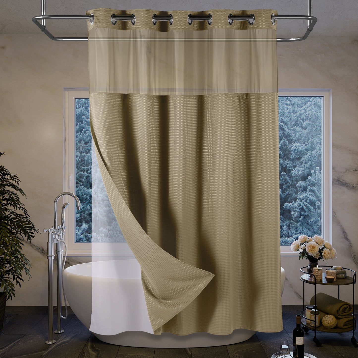 SnapHook Waffle Weave Fabric Shower Curtain with Snap-in Liner | 71WX78L, Beige