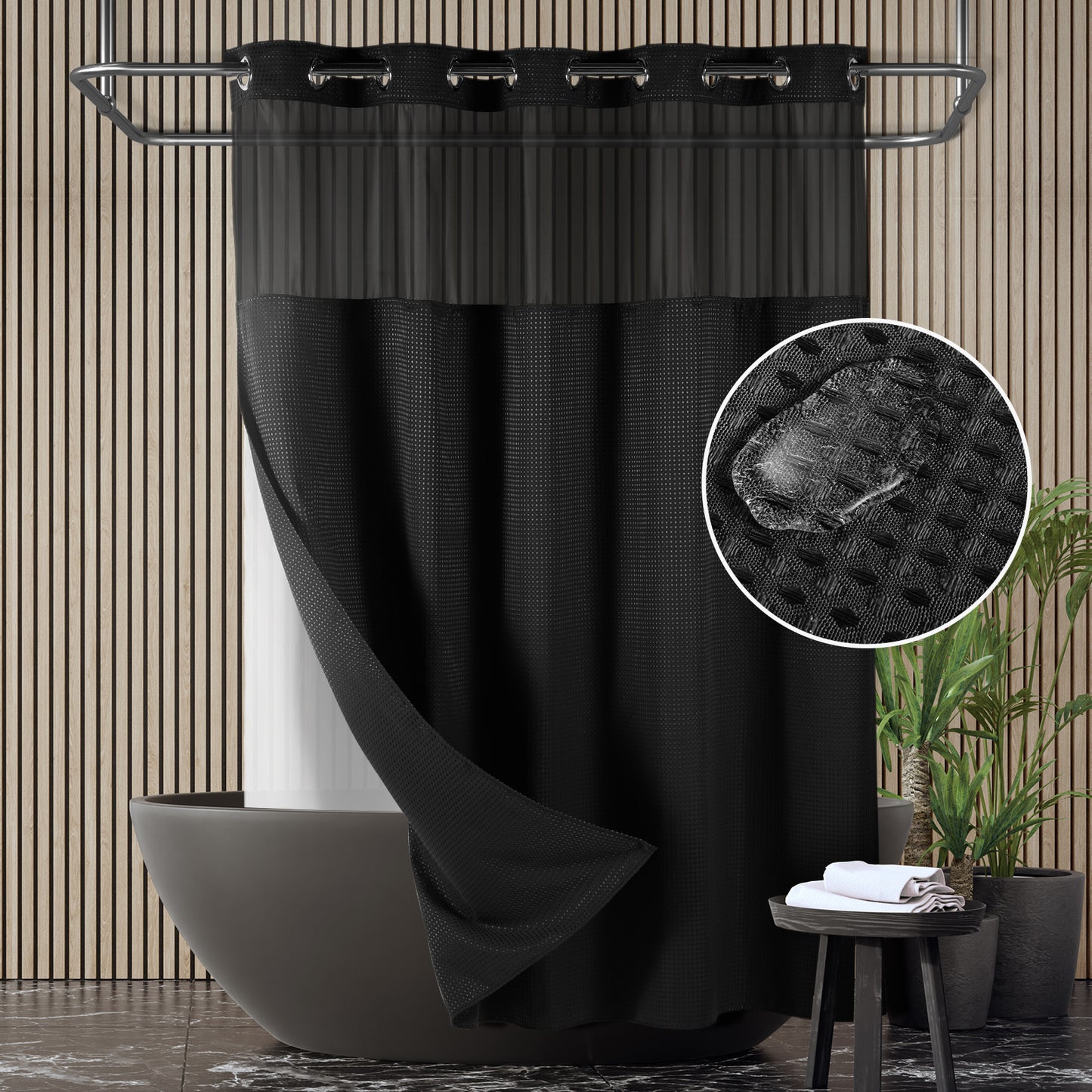 SnapHook Waffle Weave Fabric Shower Curtain with Snap-in Liner | 71WX78L, Black