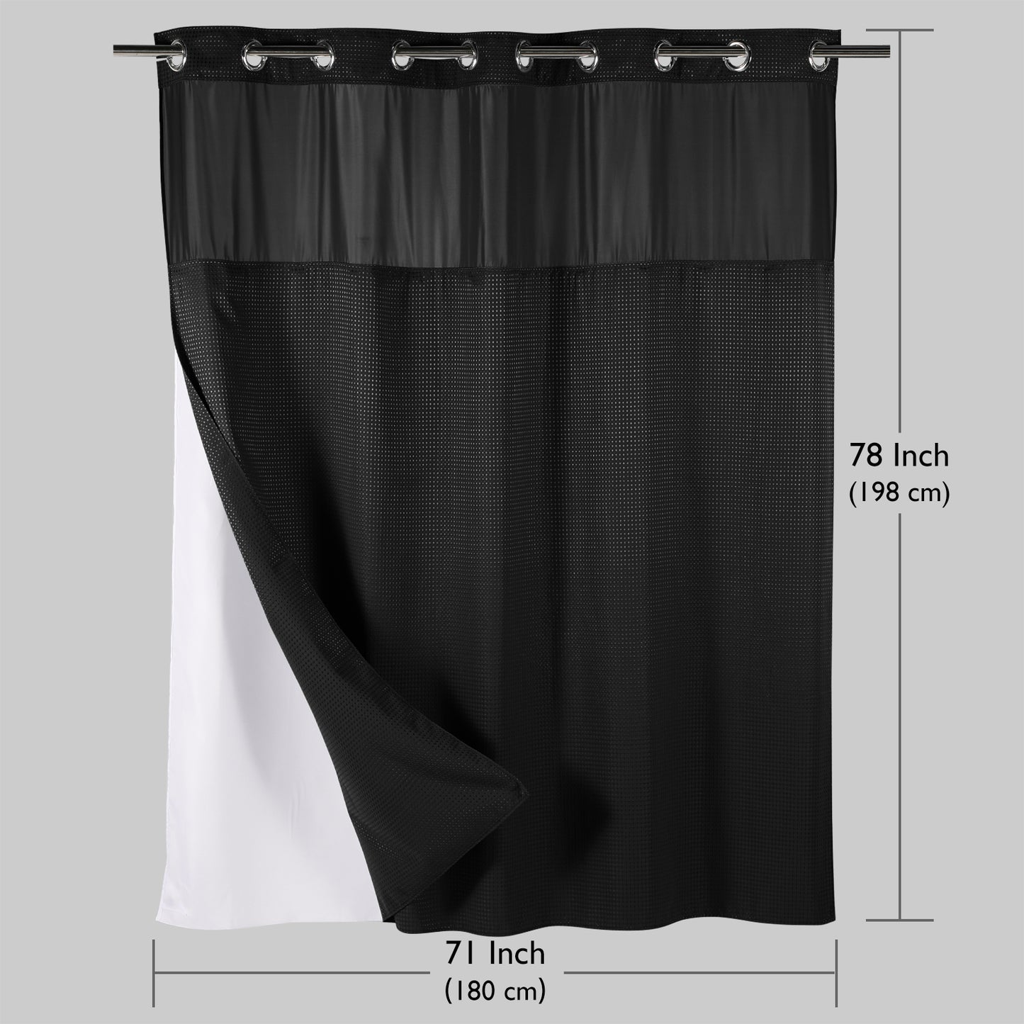 SnapHook Waffle Weave Fabric Shower Curtain with Snap-in Liner | 71WX78L, Black