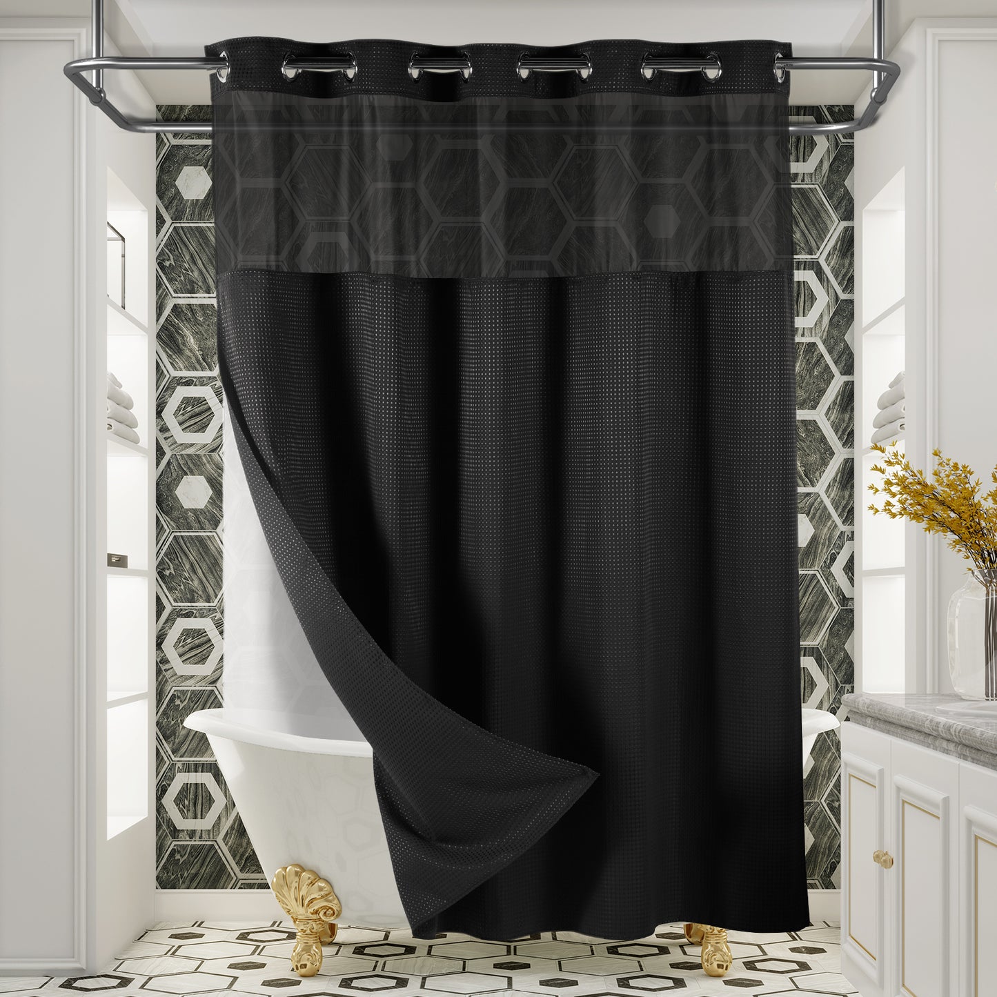 SnapHook Waffle Weave Fabric Shower Curtain with Snap-in Liner | 71WX78L, Black