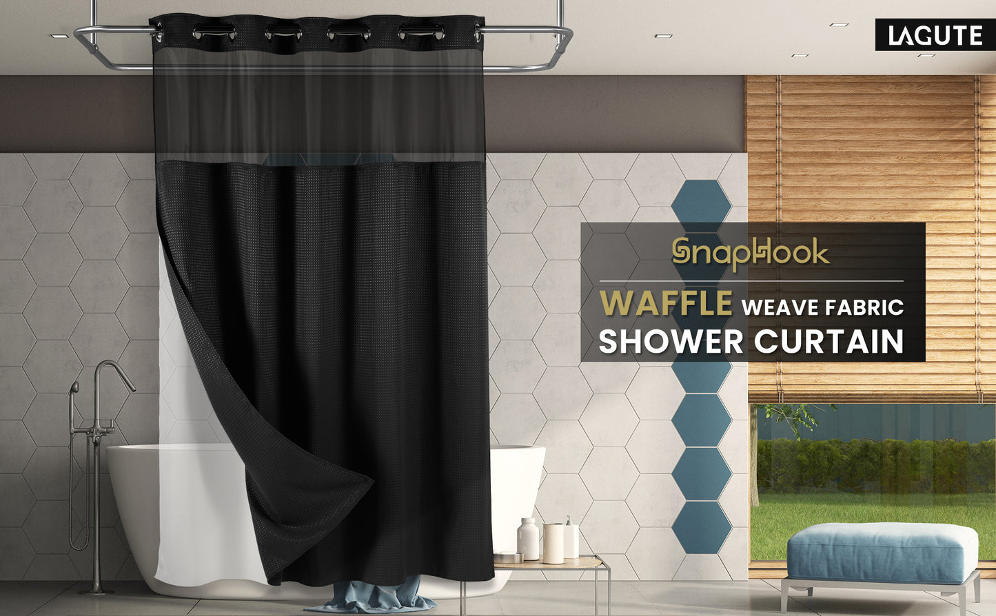 SnapHook Waffle Weave Fabric Shower Curtain with Snap-in Liner | 71WX78L, Black