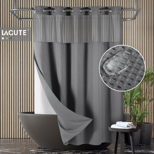 SnapHook Waffle Weave Fabric Shower Curtain with Snap-in Liner | 71WX78L, Light Gray