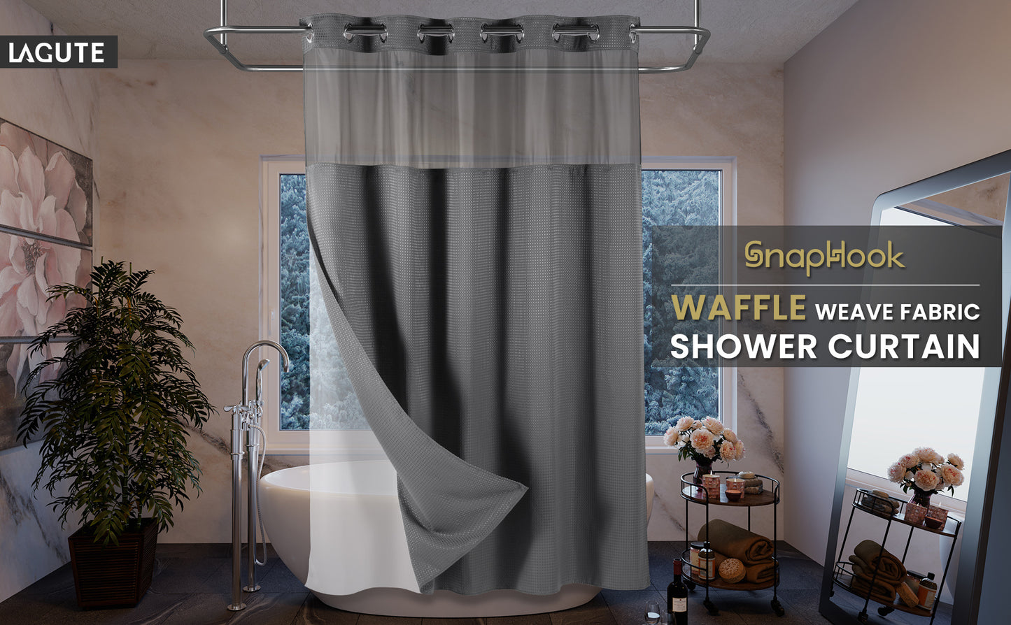 SnapHook Waffle Weave Fabric Shower Curtain with Snap-in Liner | 71WX78L, Light Gray