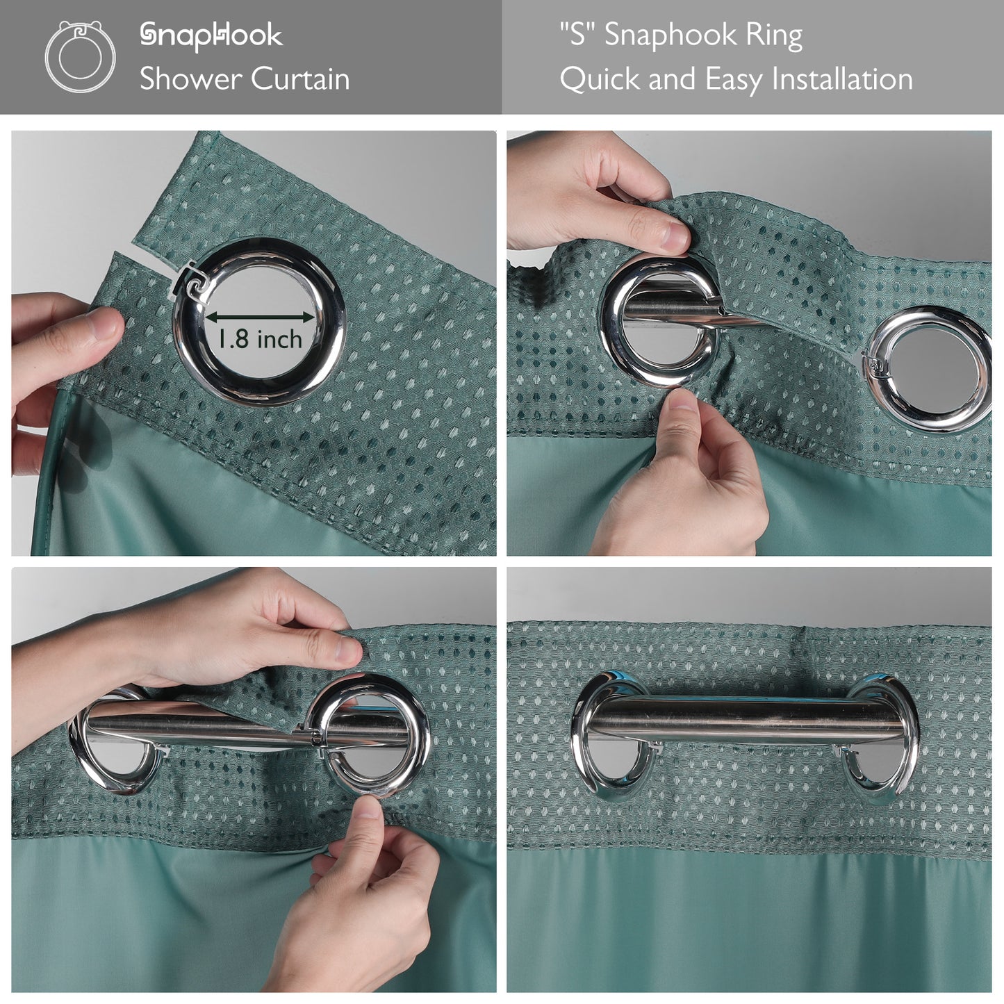 SnapHook Waffle Weave Fabric Shower Curtain with Snap-in Liner | 71WX78L, Sea Teal