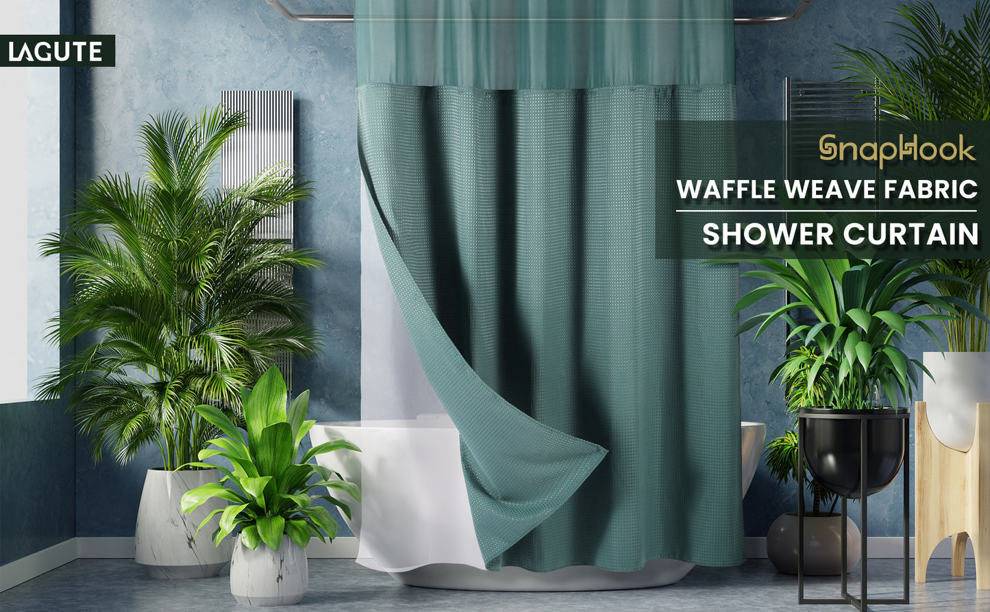 SnapHook Waffle Weave Fabric Shower Curtain with Snap-in Liner | 71WX78L, Sea Teal