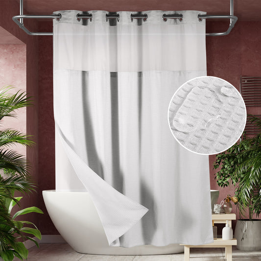 SnapHook Waffle Weave Fabric Shower Curtain with Snap-in Liner | 71WX78L, White