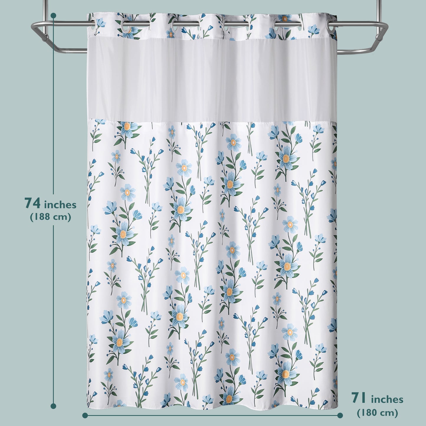 SnapHook Floral Shower Curtain with Snap-in Liner | 71WX74L, Blue Bouquet