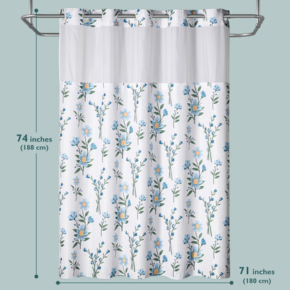 SnapHook Floral Shower Curtain with Snap-in Liner | 71WX74L, Blue Bouquet