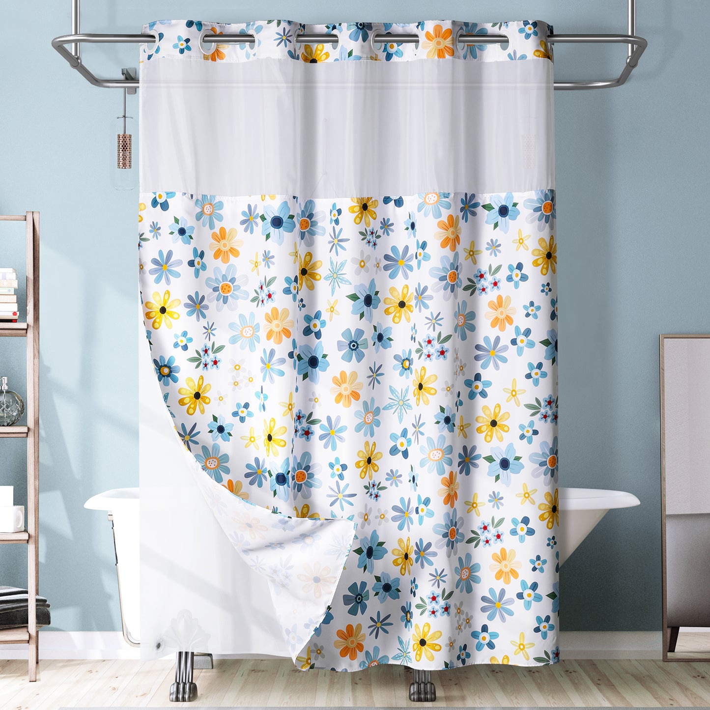 SnapHook Floral Shower Curtain with Snap-in Liner | 71WX74L, Yellow Daisy