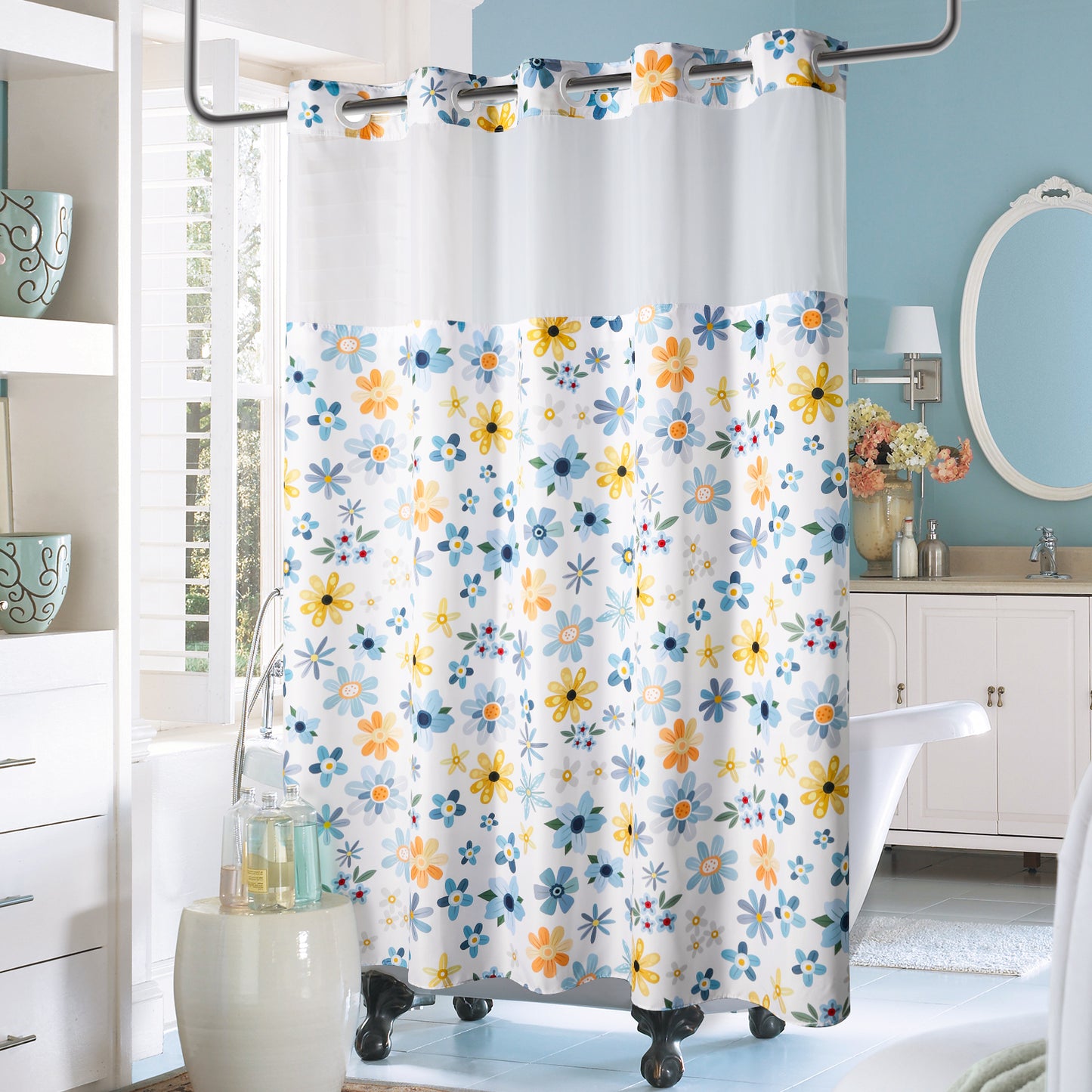 SnapHook Floral Shower Curtain with Snap-in Liner | 71WX74L, Yellow Daisy
