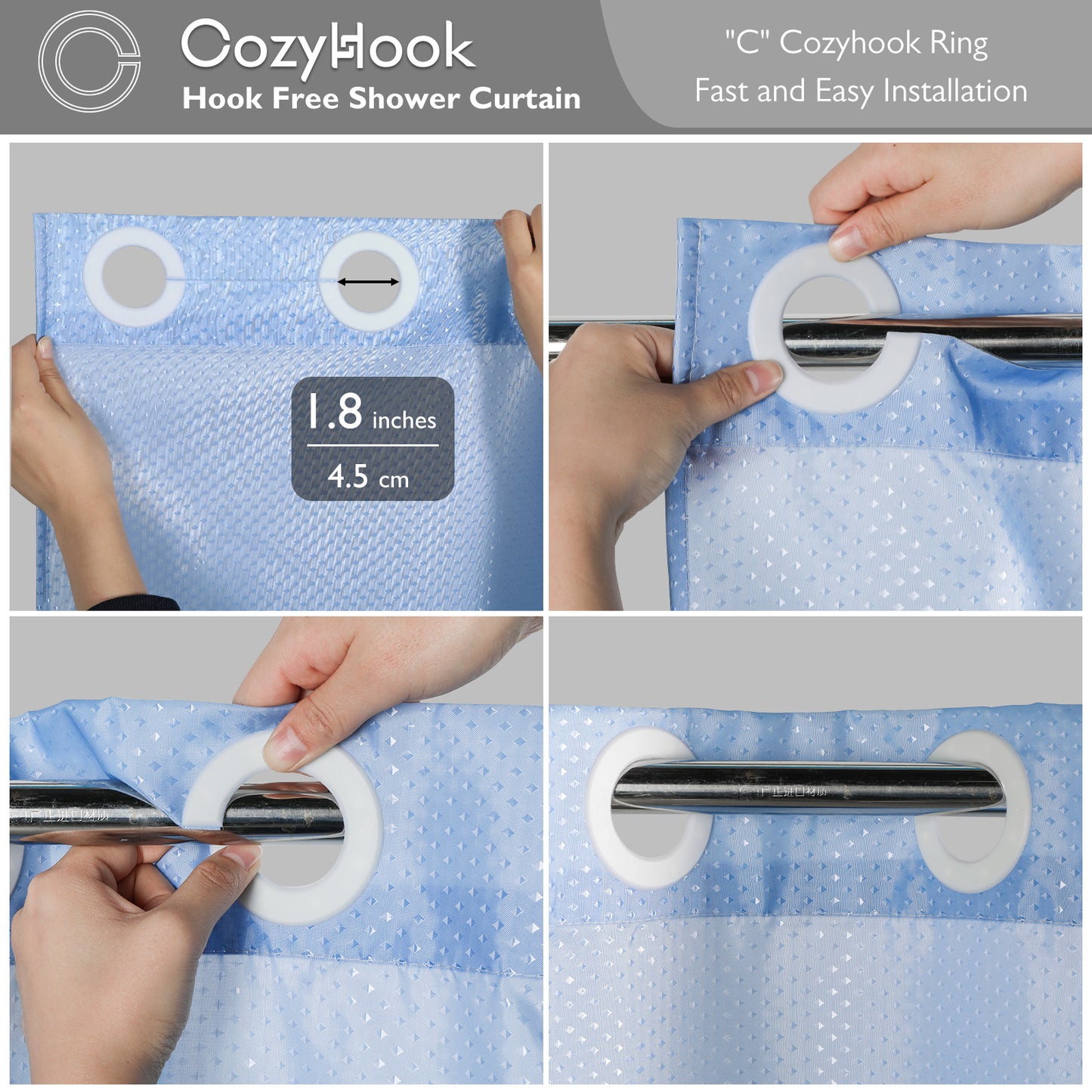 CozyHook Ombre Shower Curtain| 72Wx72L, Blue Gradient