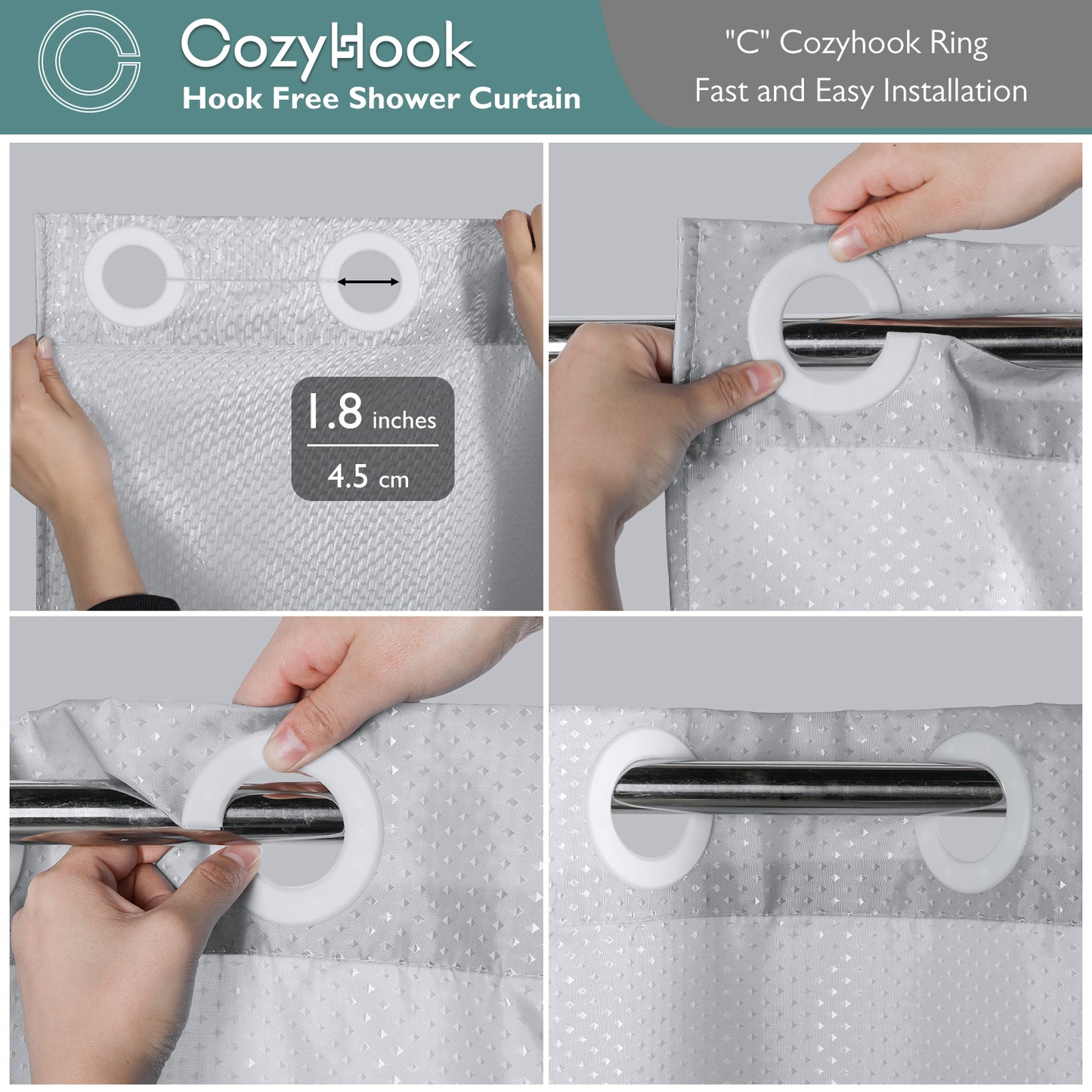 CozyHook Ombre Shower Curtain| 72Wx72L, Grey Gradient