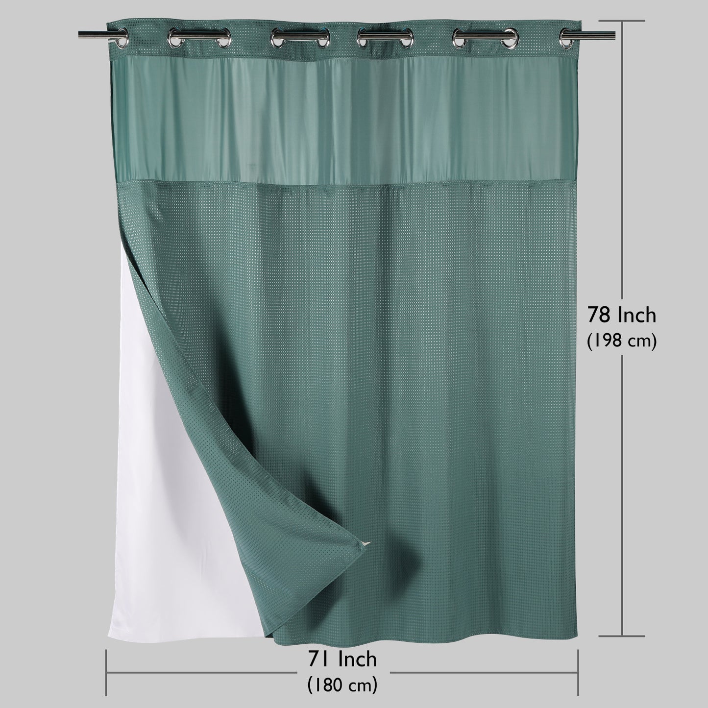 SnapHook Waffle Weave Fabric Shower Curtain with Snap-in Liner | 71WX78L, Sea Teal