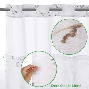 Lagute SnapHook Hook Free Shower Curtain with Snap-in Liner , 71Wx74L, Green Blossom