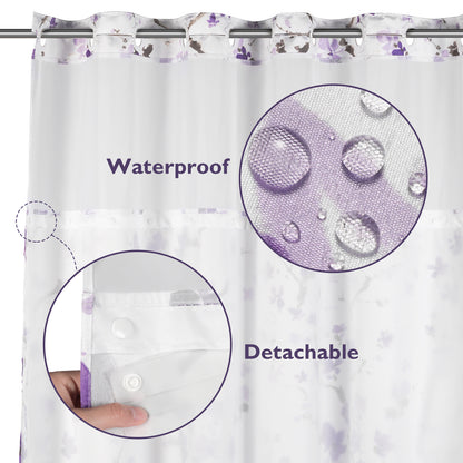 Lagute SnapHook Hook Free Shower Curtain with Snap-in Liner, 71Wx74L, Purple Blossom