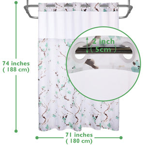 Lagute SnapHook Hook Free Shower Curtain with Snap-in Liner , 71Wx74L, Green Blossom