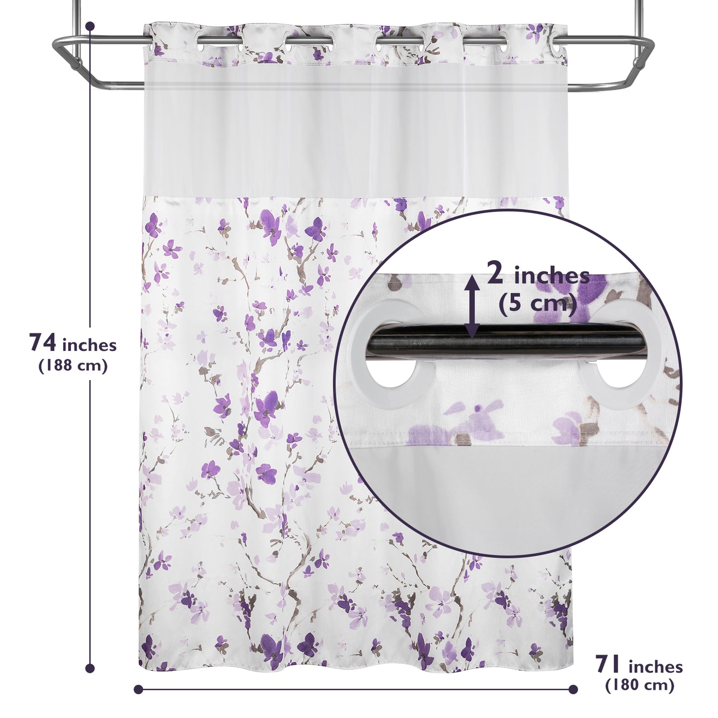 Lagute SnapHook Hook Free Shower Curtain with Snap-in Liner, 71Wx74L, Purple Blossom