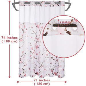 Lagute SnapHook Hook Free Shower Curtain with Snap-in Liner, 71Wx74L, Pink Blossom