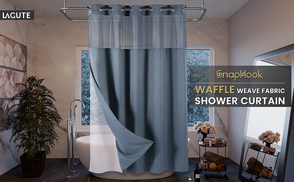 SnapHook Waffle Weave Fabric Shower Curtain with Snap-in Liner | 71WX78L, Vintage Blue