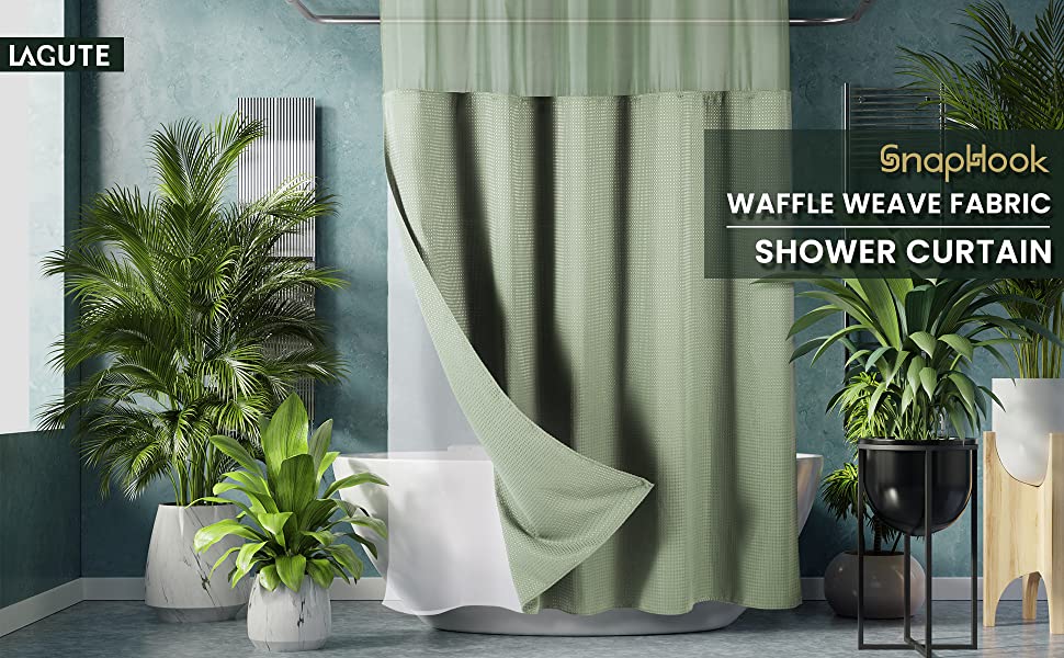 SnapHook Waffle Weave Fabric Shower Curtain with Snap-in Liner | 71WX78L, Sage Green