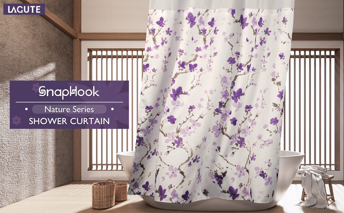 Lagute SnapHook Hook Free Shower Curtain with Snap-in Liner, 71Wx74L, Purple Blossom