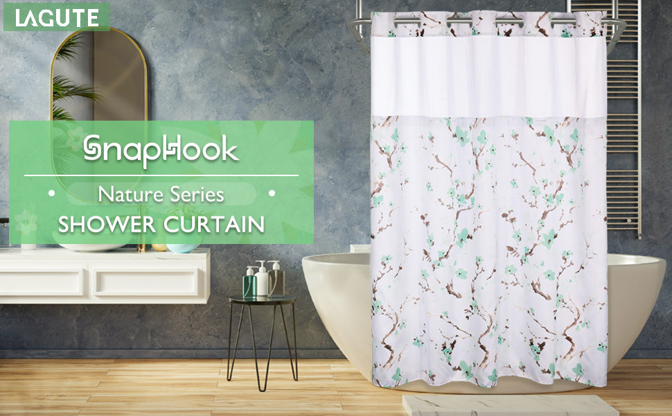 Lagute SnapHook Hook Free Shower Curtain with Snap-in Liner , 71Wx74L, Green Blossom