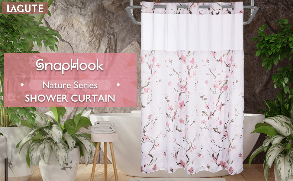 Lagute SnapHook Hook Free Shower Curtain with Snap-in Liner, 71Wx74L, Pink Blossom