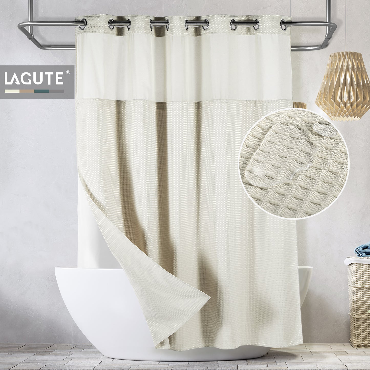 SnapHook Waffle Weave Fabric Shower Curtain with Snap-in Liner | Cream