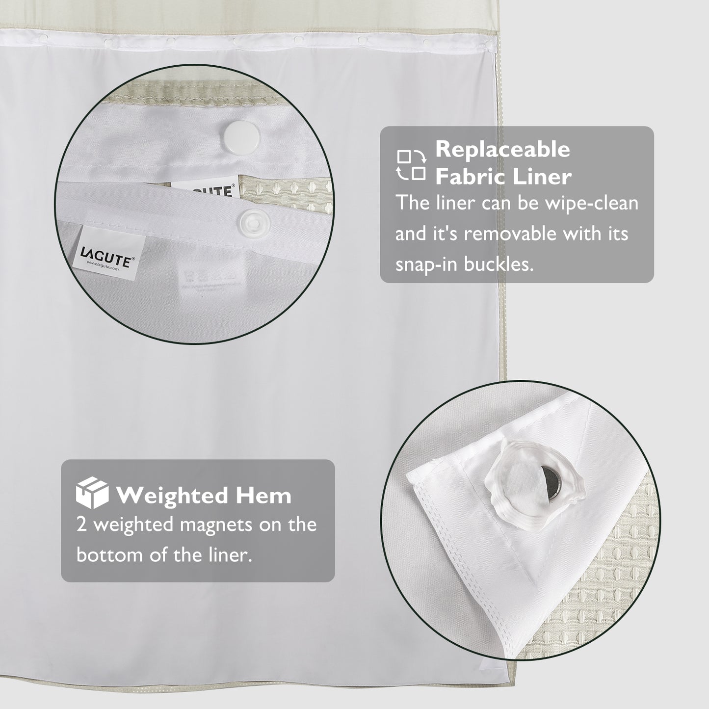 SnapHook Waffle Weave Fabric Shower Curtain with Snap-in Liner | Cream