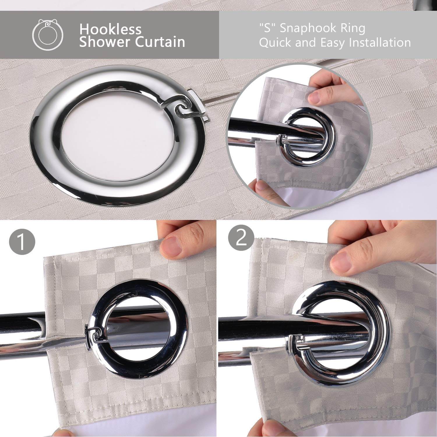 Lagute Snaphook TrueColor Hookless Shower Curtain Light Grey 4